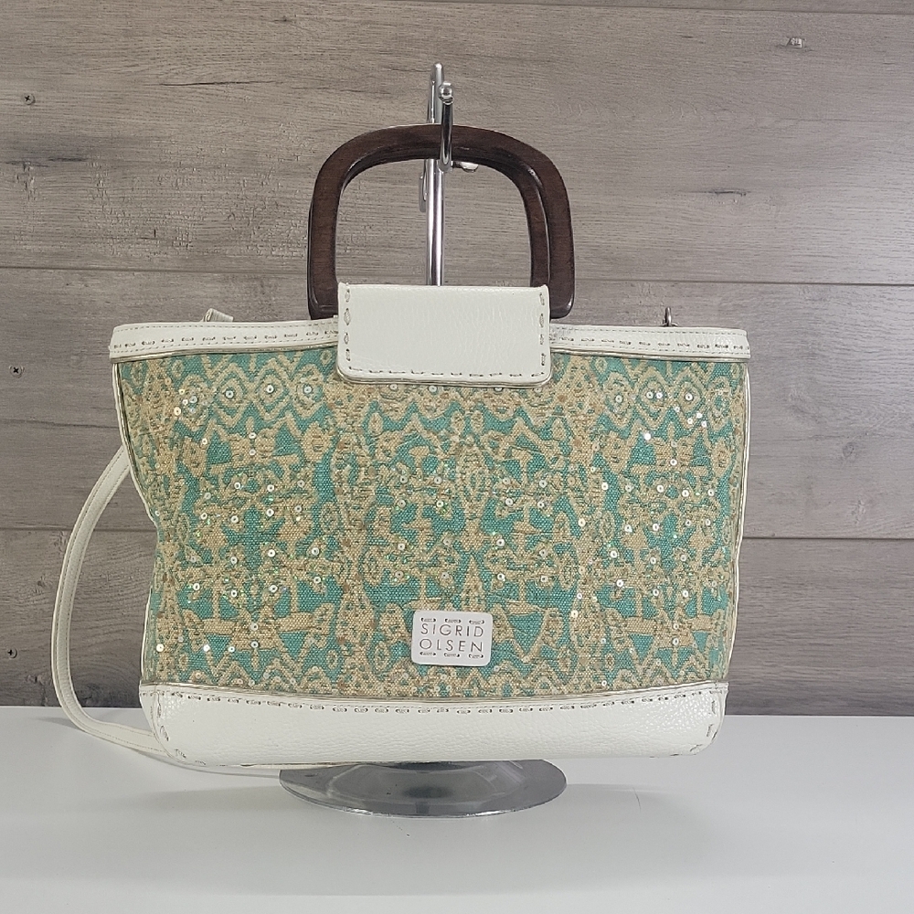 Sigrid Olsen Teal & Cream Sequin Embroidered Tote with Wooden Handles